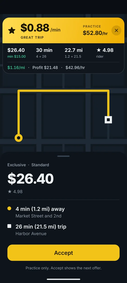A gold GREAT TRIP card over a practice offer: $0.88 a minute, $52.80 an hour